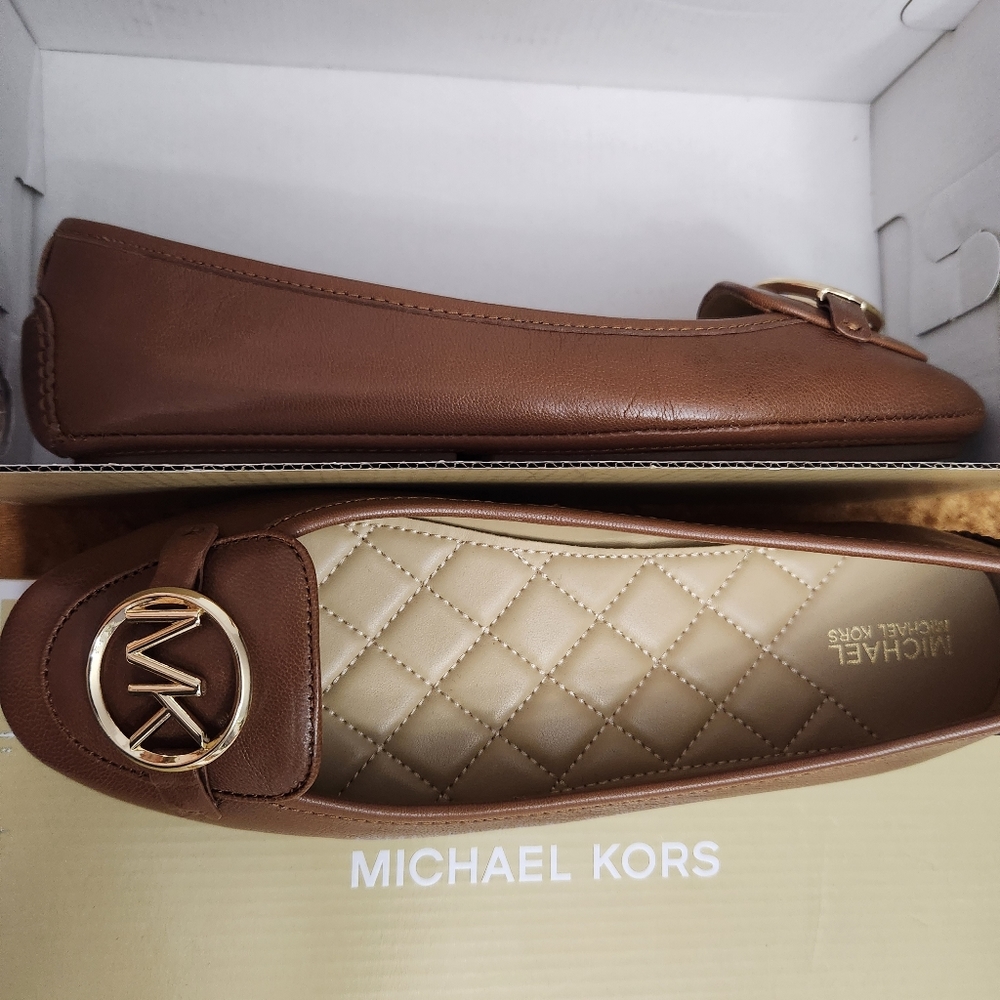 Nitb Michael Kors Lilly MK logo leather ballet flats luggage brown and g… - Picture 3 of 13